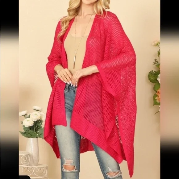 Vibrant Pink Open Knit Cardigan Layering Light Sweater NEW - Mesh Kimono Crochet - Picture 3 of 7
